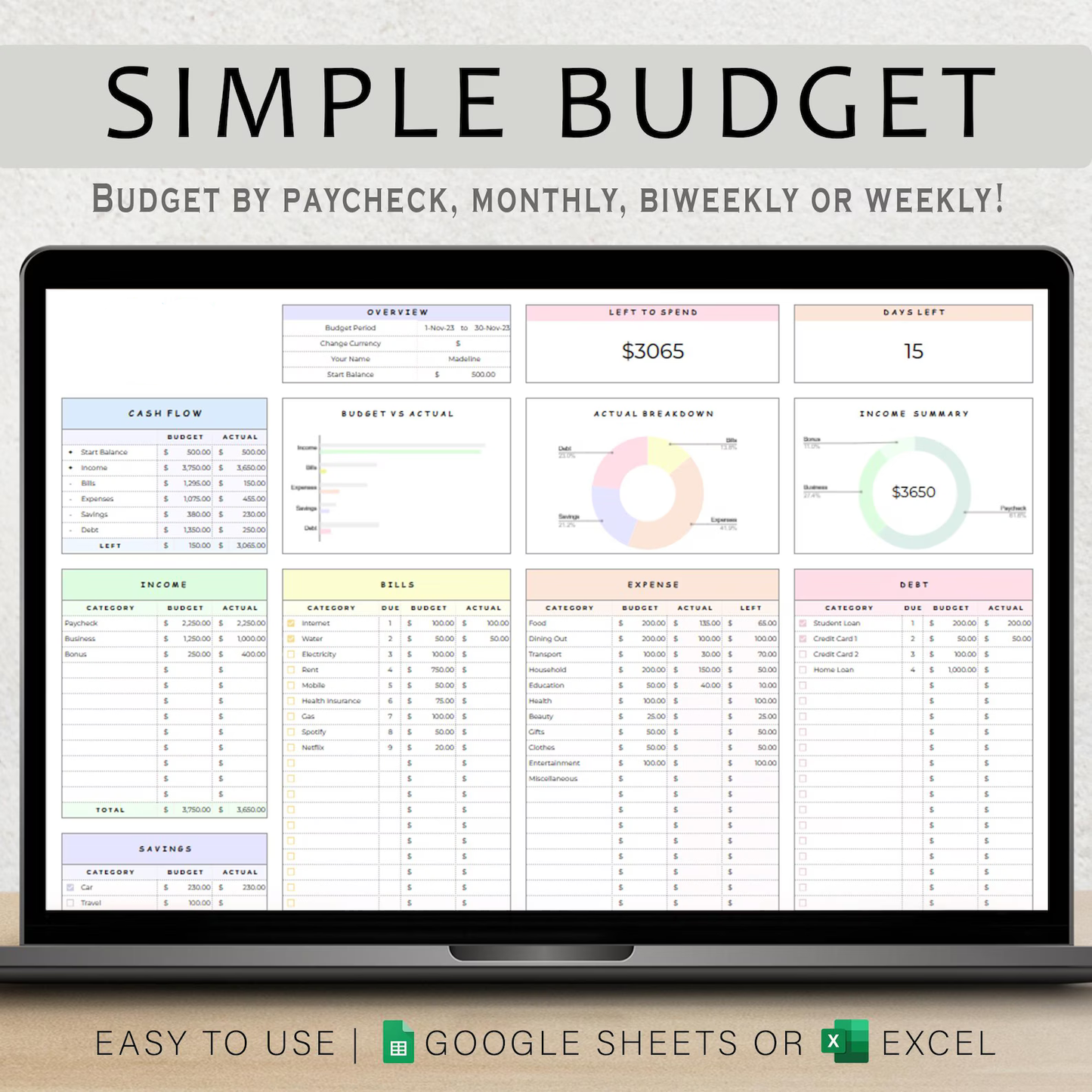 Simple Budget Planner Spreadsheet – Google Sheets & Excel